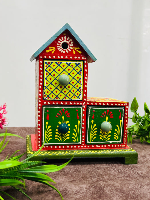 Handcrafted Wooden Painted 3-Drawer Chest | Decorative House-Shaped Jewelry & Storage Box