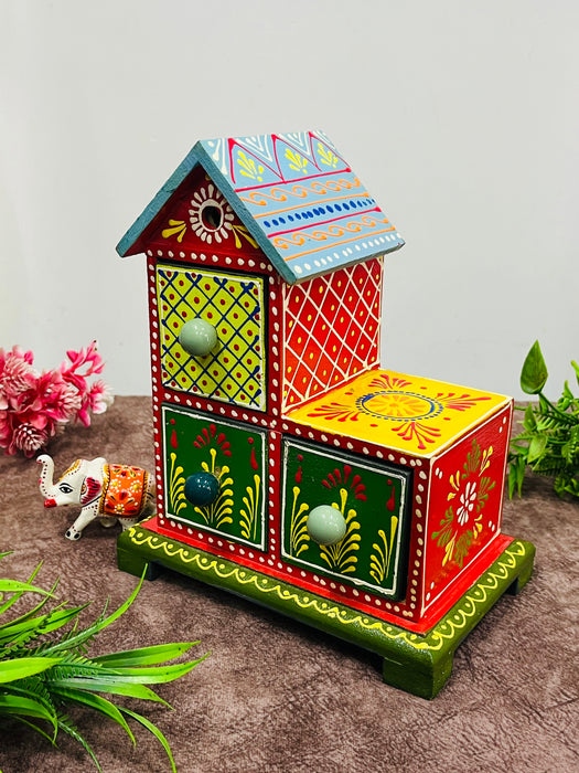Handcrafted Wooden Painted 3-Drawer Chest | Decorative House-Shaped Jewelry & Storage Box