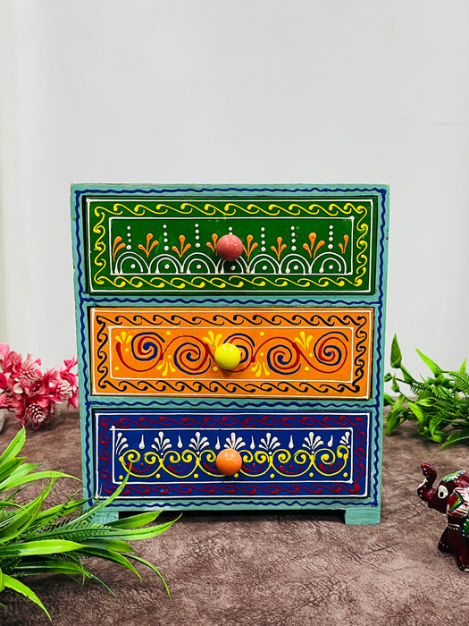 Handmade Wooden Hand-Painted 3 Drawer Chest – Ethnic Jewelry Organizer & Colorful Storage Box