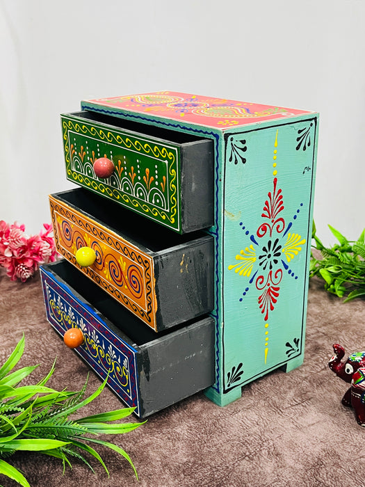 Handmade Wooden Hand-Painted 3 Drawer Chest – Ethnic Jewelry Organizer & Colorful Storage Box
