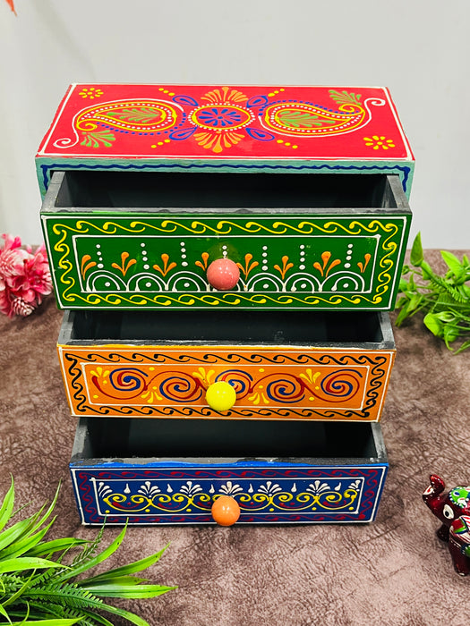 Handmade Wooden Hand-Painted 3 Drawer Chest – Ethnic Jewelry Organizer & Colorful Storage Box