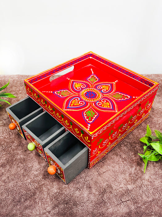 Handmade Wooden Hand-Painted 3 Drawer Chest with Tray Top – Ethnic Jewelry & Storage Organizer