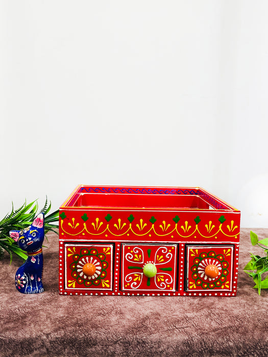 Handmade Wooden Hand-Painted 3 Drawer Chest with Tray Top – Ethnic Jewelry & Storage Organizer