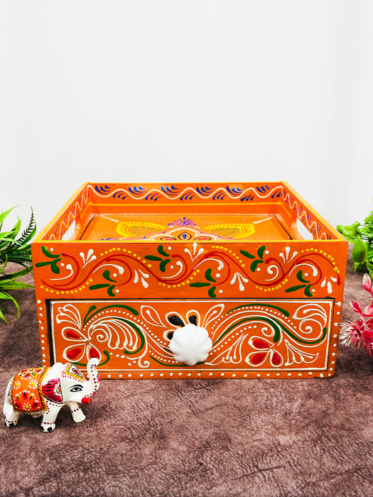 Handmade Wooden Hand-Painted Single Drawer Chest with Tray Top – Ethnic Jewelry & Storage Organizer