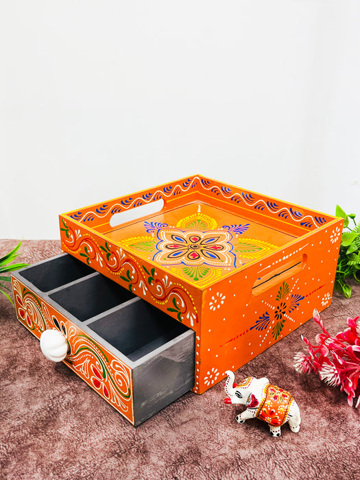 Handmade Wooden Hand-Painted Single Drawer Chest with Tray Top – Ethnic Jewelry & Storage Organizer