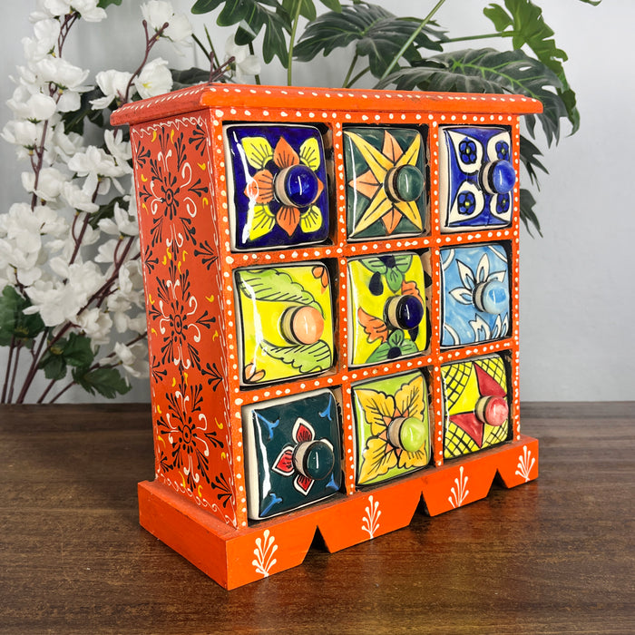 Hand-Painted Floral & Ethnic Ceramic Drawer Set in Vibrant Orange Wooden Frame