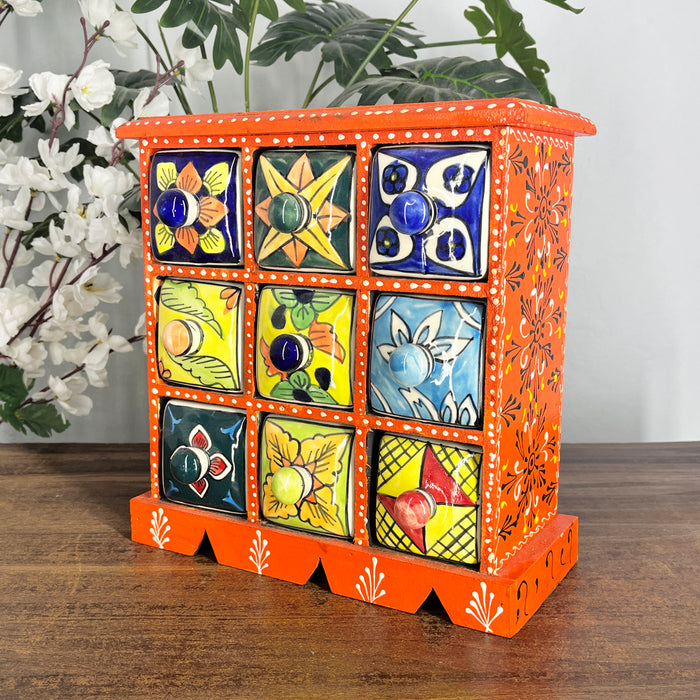 Hand-Painted Floral & Ethnic Ceramic Drawer Set in Vibrant Orange Wooden Frame