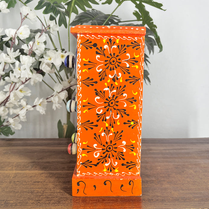 Hand-Painted Floral & Ethnic Ceramic Drawer Set in Vibrant Orange Wooden Frame