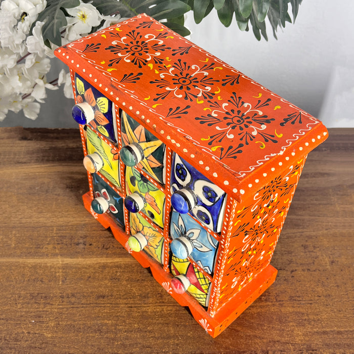 Hand-Painted Floral & Ethnic Ceramic Drawer Set in Vibrant Orange Wooden Frame