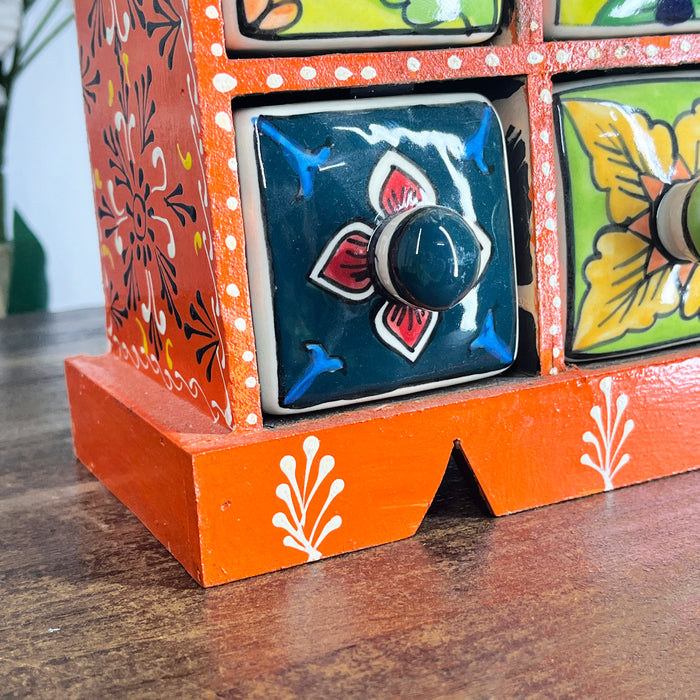 Hand-Painted Floral & Ethnic Ceramic Drawer Set in Vibrant Orange Wooden Frame