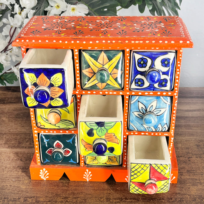 Hand-Painted Floral & Ethnic Ceramic Drawer Set in Vibrant Orange Wooden Frame
