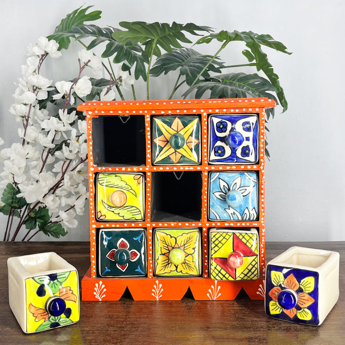 Hand-Painted Floral & Ethnic Ceramic Drawer Set in Vibrant Orange Wooden Frame