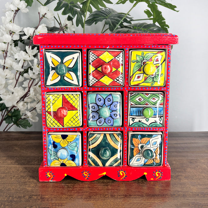 Handcrafted Wooden 9 Drawer Storage Cabinet with Hand-Painted Ceramic Drawers | Decorative Jewelry & Home Organizer