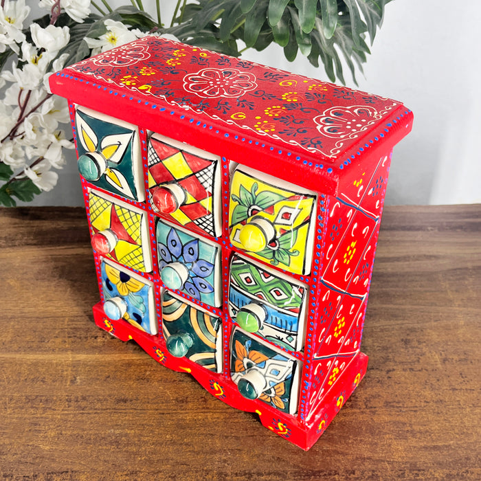 Red Color Handcrafted Wooden 9 Drawer Ceramic Box