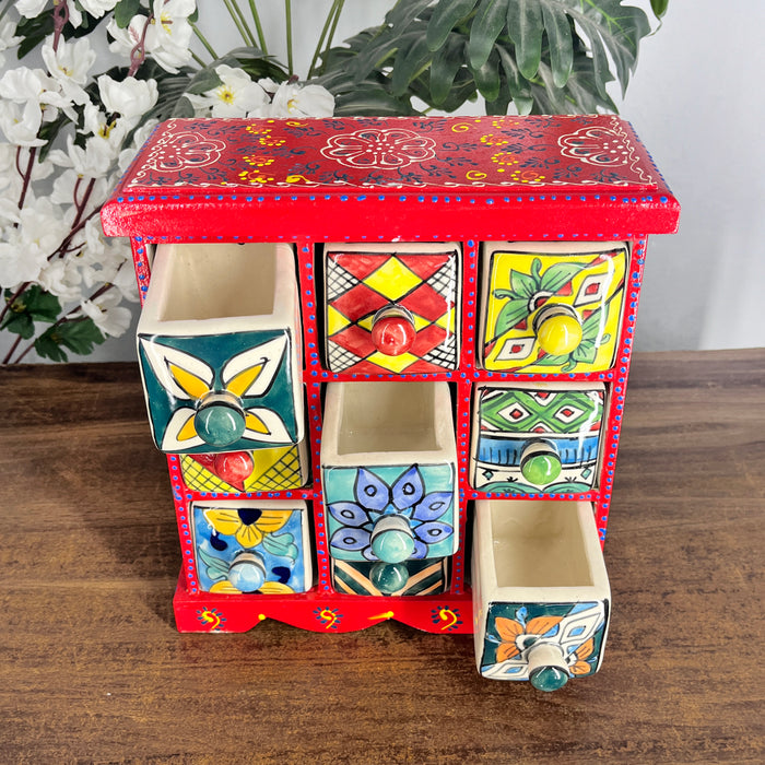 Red Color Handcrafted Wooden 9 Drawer Ceramic Box