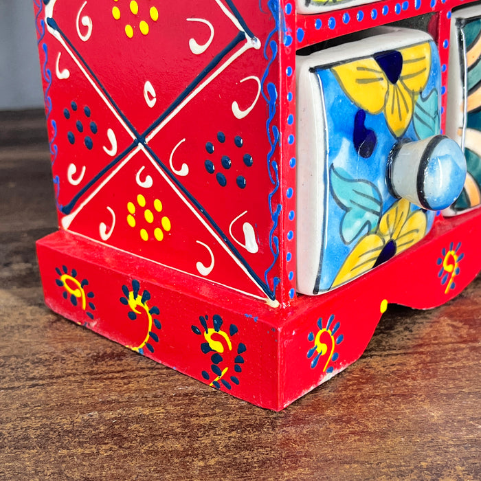 Red Color Handcrafted Wooden 9 Drawer Ceramic Box