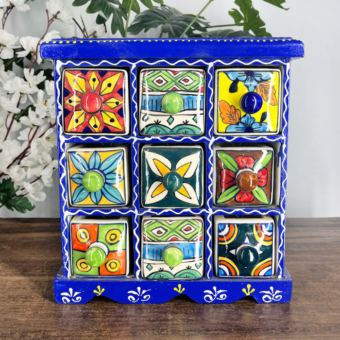 Handcrafted Wooden 9 Drawer Storage Cabinet with Hand-Painted Ceramic Drawers | Artisan Jewelry & Home Organizer