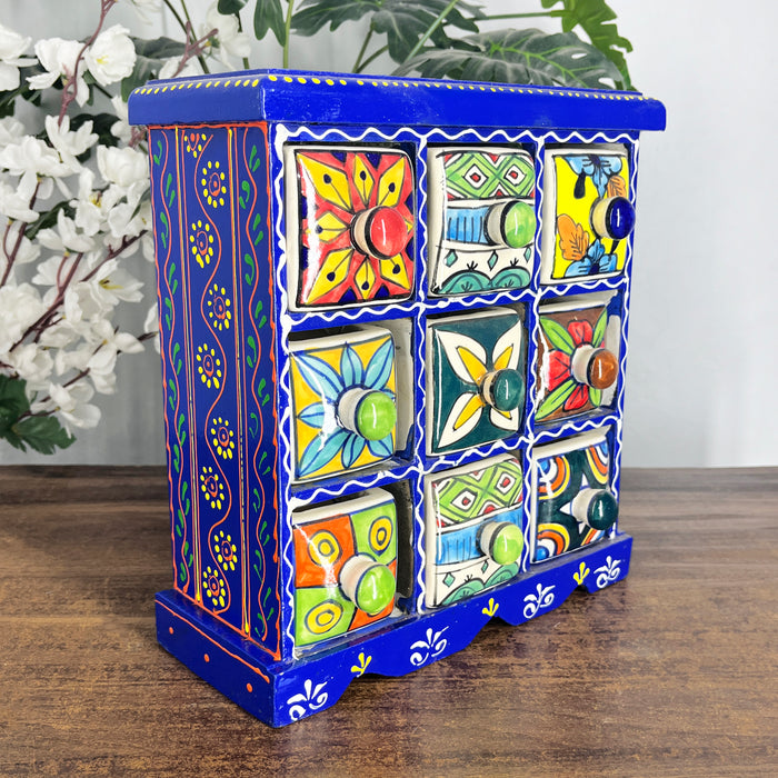 Handcrafted Wooden 9 Drawer Storage Cabinet with Hand-Painted Ceramic Drawers | Artisan Jewelry & Home Organizer
