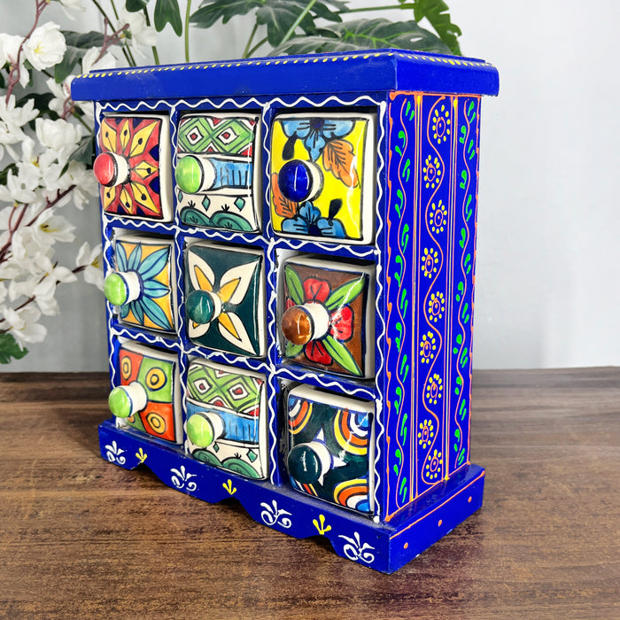 Handcrafted Wooden 9 Drawer Storage Cabinet with Hand-Painted Ceramic Drawers | Artisan Jewelry & Home Organizer