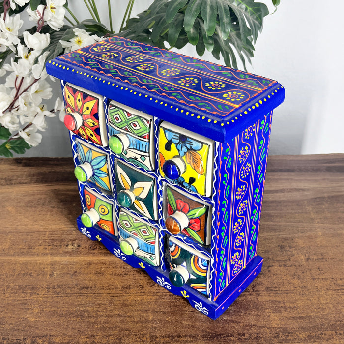 Handcrafted Wooden 9 Drawer Storage Cabinet with Hand-Painted Ceramic Drawers | Artisan Jewelry & Home Organizer