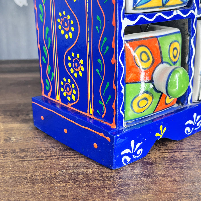 Handcrafted Wooden 9 Drawer Storage Cabinet with Hand-Painted Ceramic Drawers | Artisan Jewelry & Home Organizer