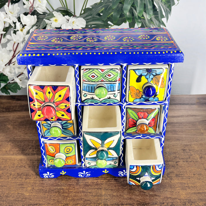 Handcrafted Wooden 9 Drawer Storage Cabinet with Hand-Painted Ceramic Drawers | Artisan Jewelry & Home Organizer