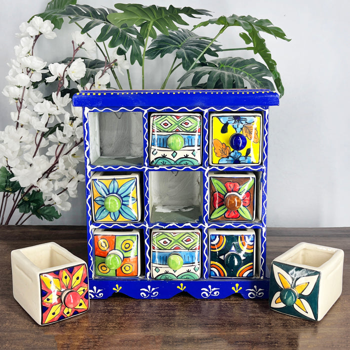 Handcrafted Wooden 9 Drawer Storage Cabinet with Hand-Painted Ceramic Drawers | Artisan Jewelry & Home Organizer