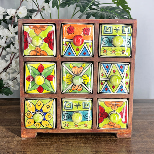 Rustic Wooden Storage Box with 9 Ceramic Drawers