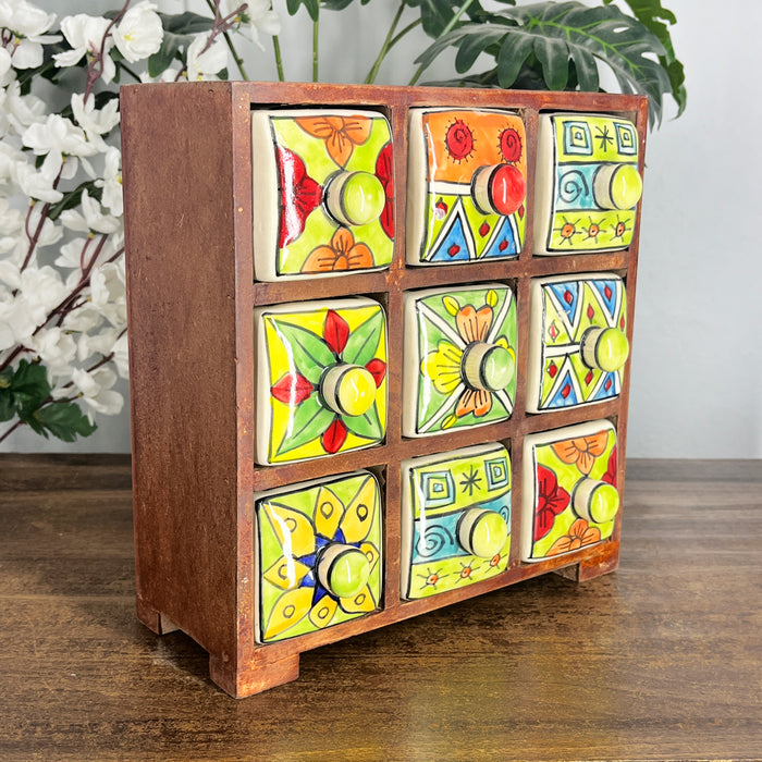 Handcrafted Wooden Cabinet with 9 Hand-Painted Ceramic Drawers | Decorative Storage Organizer