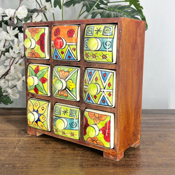 Handcrafted Wooden Cabinet with 9 Hand-Painted Ceramic Drawers | Decorative Storage Organizer