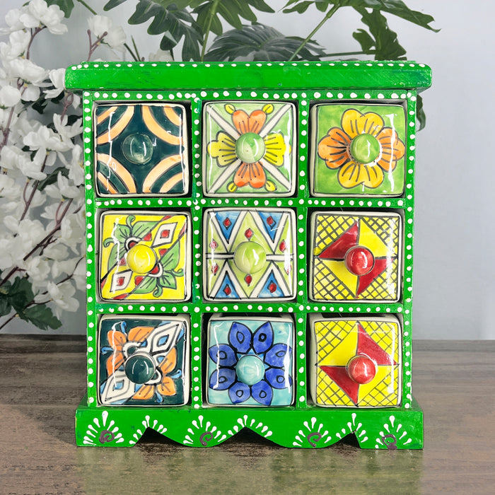 Handmade 9 Drawers Green Color Wooden Ceramic Box