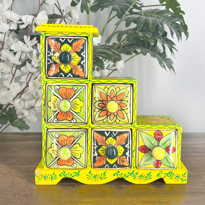 Handcrafted Yellow Wooden Cabinet with 6 Hand-Painted Ceramic Drawers | Decorative Storage Organizer