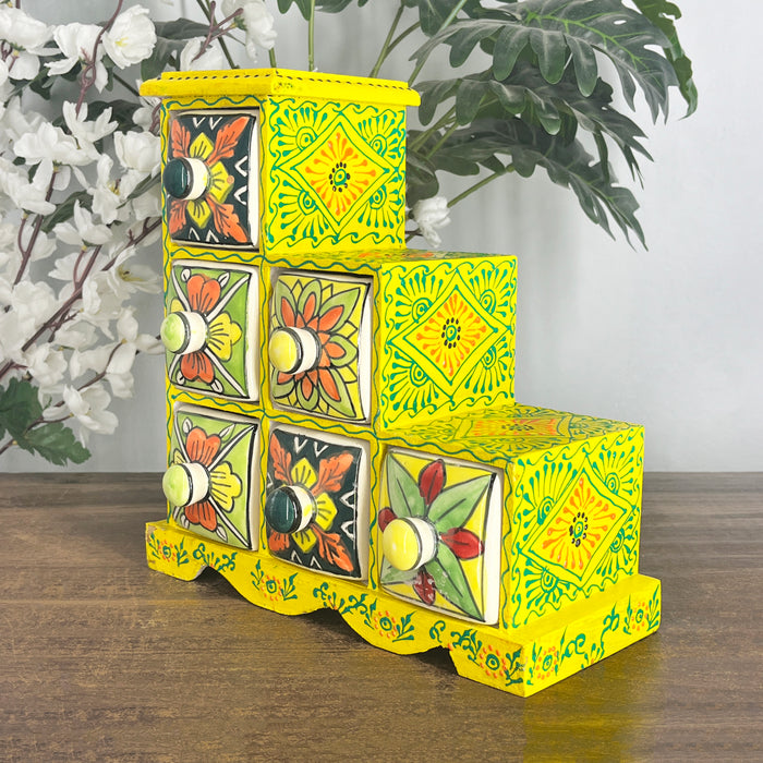 Handcrafted Yellow Wooden Cabinet with 6 Hand-Painted Ceramic Drawers | Decorative Storage Organizer