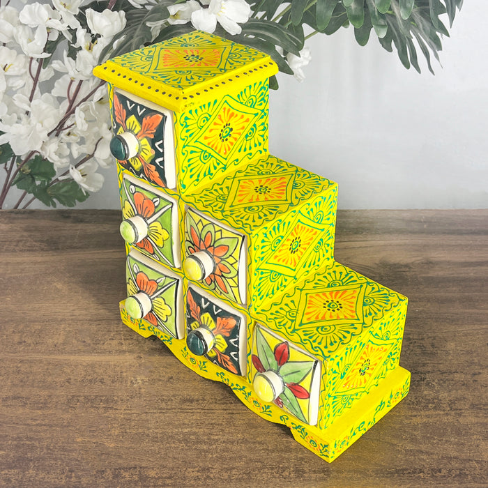 Handcrafted Yellow Wooden Cabinet with 6 Hand-Painted Ceramic Drawers | Decorative Storage Organizer