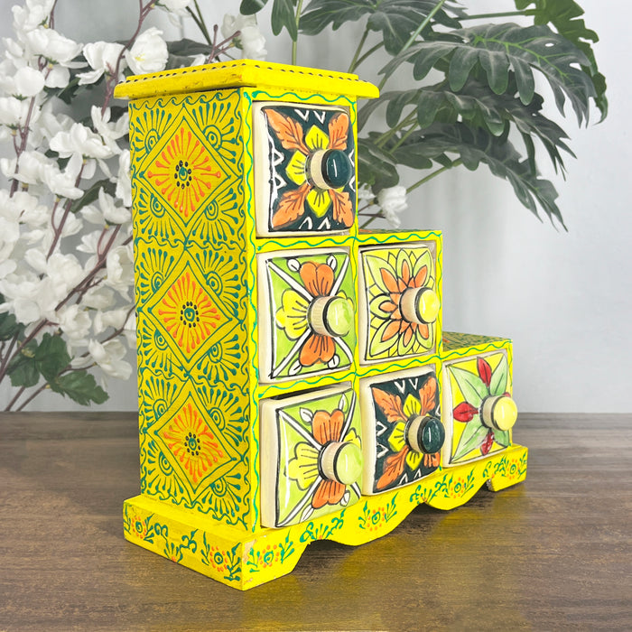 Handcrafted Yellow Wooden Cabinet with 6 Hand-Painted Ceramic Drawers | Decorative Storage Organizer