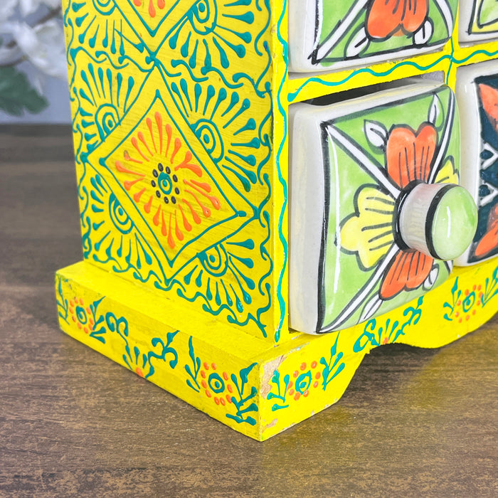 Handcrafted Yellow Wooden Cabinet with 6 Hand-Painted Ceramic Drawers | Decorative Storage Organizer