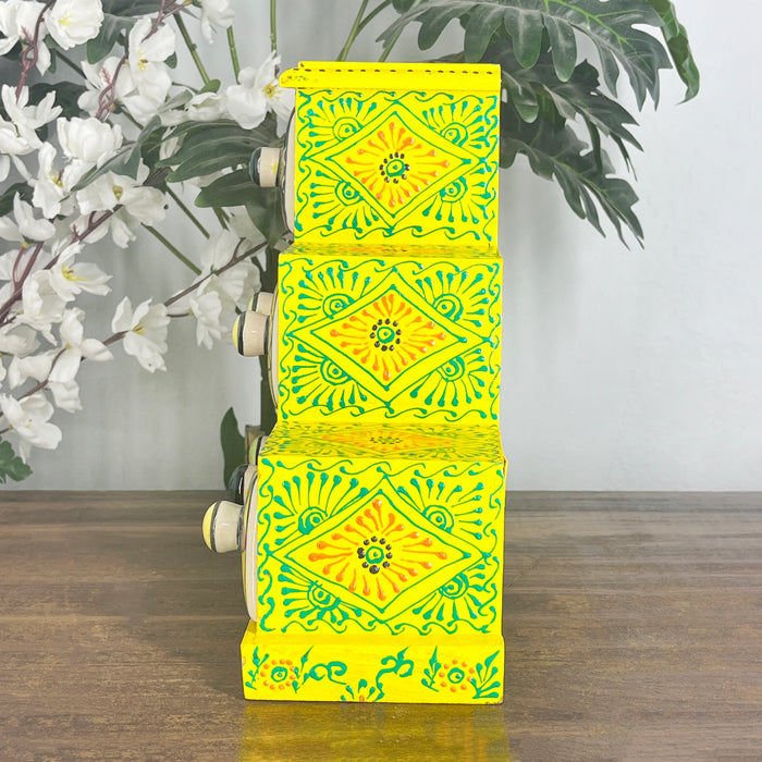 Handcrafted Yellow Wooden Cabinet with 6 Hand-Painted Ceramic Drawers | Decorative Storage Organizer