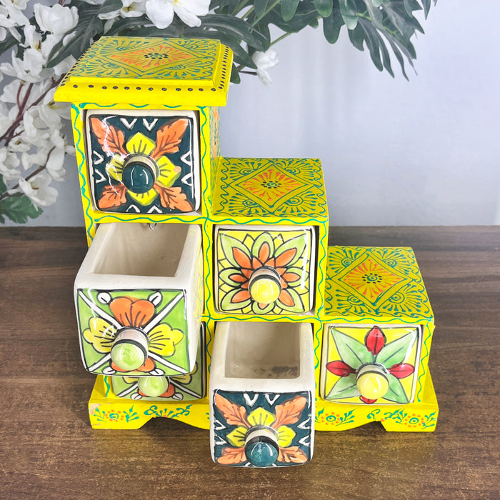 Handcrafted Yellow Wooden Cabinet with 6 Hand-Painted Ceramic Drawers | Decorative Storage Organizer