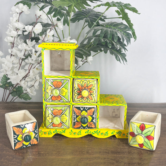 Handcrafted Yellow Wooden Cabinet with 6 Hand-Painted Ceramic Drawers | Decorative Storage Organizer
