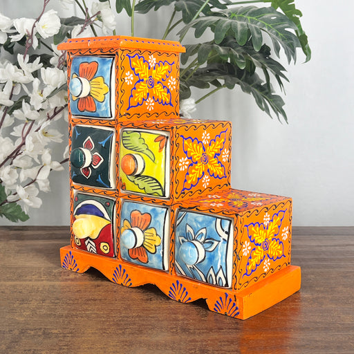 Orange Color Handcrafted 6 Drawer Wooden Ceramic Box