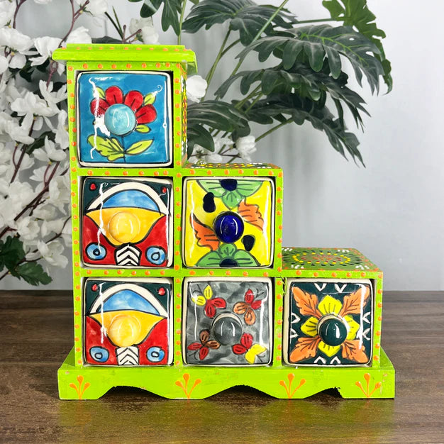 Bulk Handmade Wooden 6 Drawer Ceramic Storage Box – Colorful Spice Organize