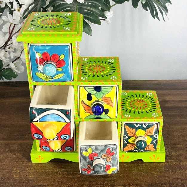 Bulk Handmade Wooden 6 Drawer Ceramic Storage Box – Colorful Spice Organize