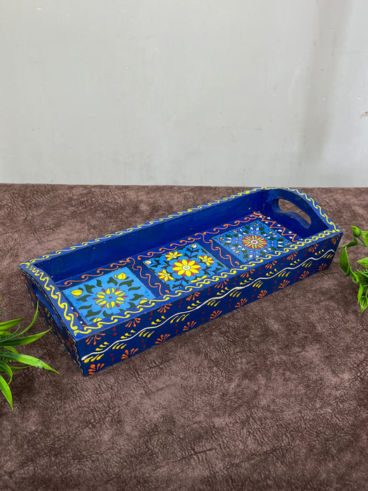 Hand-Painted Wooden Serving Tray – Blue Floral Design