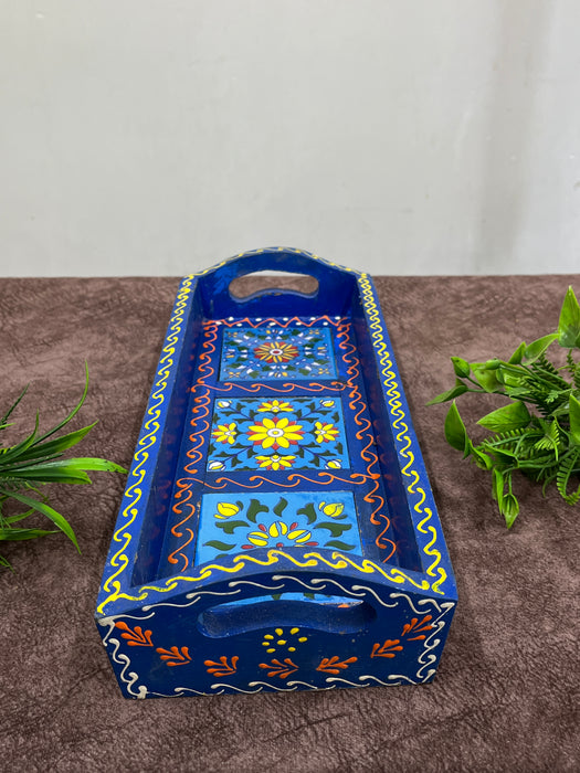 Hand-Painted Wooden Serving Tray – Blue Floral Design