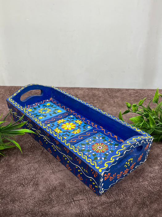 Hand-Painted Wooden Serving Tray – Blue Floral Design