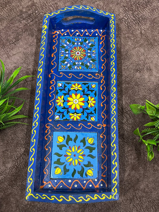 Hand-Painted Wooden Serving Tray – Blue Floral Design