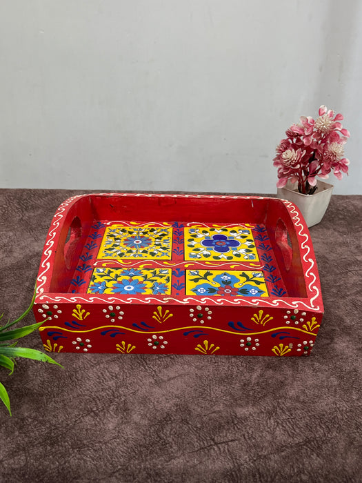 Hand-Painted Wooden Serving Tray – Red Floral Design