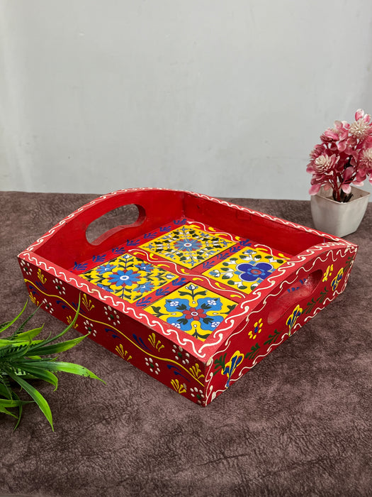 Hand-Painted Wooden Serving Tray – Red Floral Design