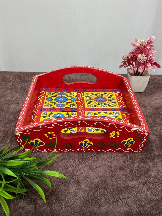 Hand-Painted Wooden Serving Tray – Red Floral Design
