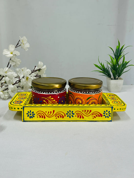 Hand-Painted Wooden Tray with 2 Jars – Colorful Spice & Storage Set